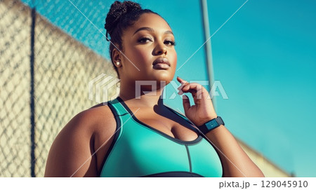 Confident plus-size woman in stylish activewear adjusts fitness tracker in urban gym 129045910