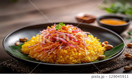 Traditional Xi dish with vibrant sticky rice and toppings served on a banana leaf Traditional Xi dish with vibrant sticky rice and toppings served on a banana leaf 129045911