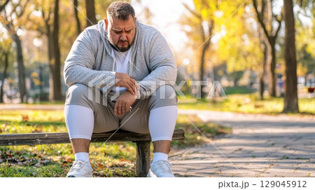 Man experiences knee pain while resting on park bench during a sunny day Man experiences knee pain while resting on park bench during a sunny day 129045912