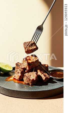 Juicy seared beef cubes with caramelized sauce on a dark slate plate Juicy seared beef cubes with caramelized sauce on a dark slate plate 129045913