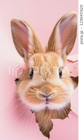 Adorable rabbit peeking through a pink background, showcasing its cute features and playful expression, perfect for pet lovers and animal enthusiasts, funny pet concept 129045920