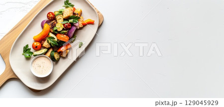Crispy pan-fried tempeh with roasted vegetables artfully plated on a rustic wooden board 129045929