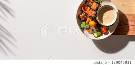 Crispy pan-fried tempeh with roasted vegetables and dipping sauce on a rustic wooden board 129045931