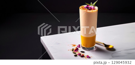 Creamy saffron lassi garnished with rose petals on marble surface 129045932