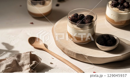 Charming farmhouse setup with creamy fermented dairy topped with fresh berries at golden hour 129045937