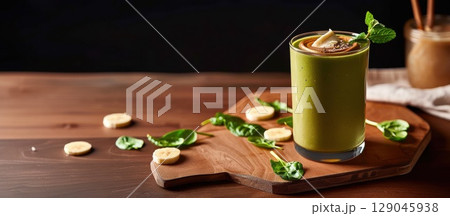 Crafting a vibrant green kefir smoothie with spinach and banana in moody lighting 129045938