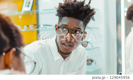 Eyewear consultant assists customer in modern store setting with stylish glasses 129045956