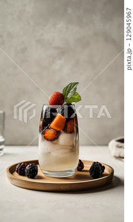 Berry-infused water in a glass showcasing mint leaves and fresh fruits on a wooden tray 129045967