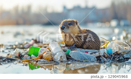 Muskrat resting on floating trash in a polluted urban river during soft morning light 129045968