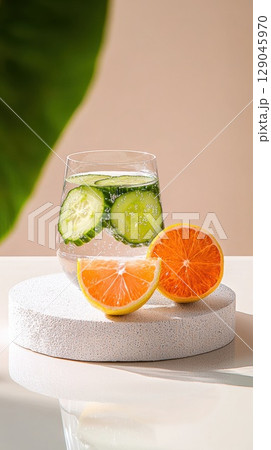 Refreshing cucumber-lemon infused water with vibrant fruit slices for a summer picnic 129045970