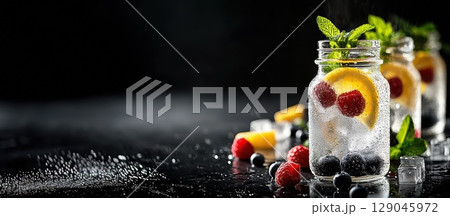 Refreshing berry-infused water in elegant bottles against a minimalistic background Refreshing berry-infused water in elegant bottles against a minimalistic background 129045972
