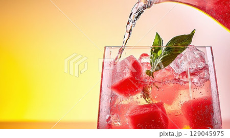 Refreshing watermelon basil-infused water poured into a clear glass with ice and vibrant colors 129045975