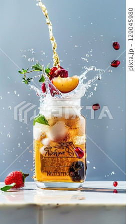 Vibrant kombucha splash with fresh fruits and herbs showcasing natural probiotics Vibrant kombucha splash with fresh fruits and herbs showcasing natural probiotics 129045980