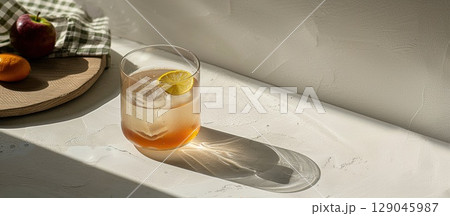 Refreshing glass of kombucha with lemon slice on rustic picnic table in summer sun Refreshing glass of kombucha with lemon slice on rustic picnic table in summer sun 129045987