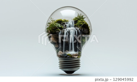 Transparent lightbulb featuring miniature waterfall and moss for eco-friendly design inspiration Transparent lightbulb featuring miniature waterfall and moss for eco-friendly design inspiration 129045992