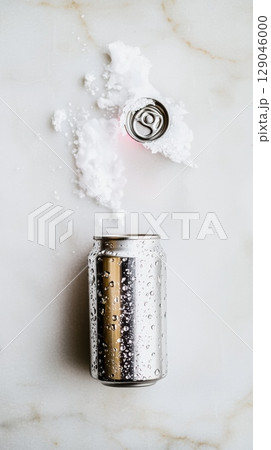 Dynamic silver energy drink can with neon glow and motion streaks evokes high performance energy 129046000