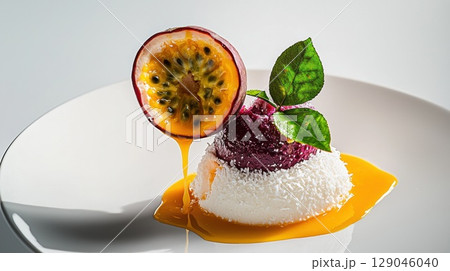 Hyper-realistic coconut mousse dessert with passionfruit and vibrant yellow sauce droplets 129046040