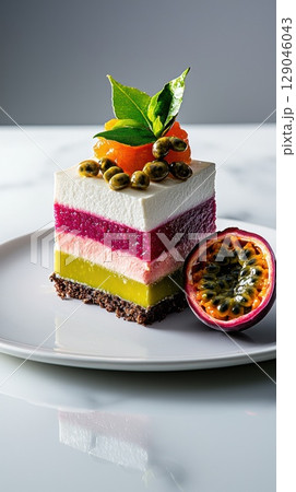 Perfectly cut slice of passionfruit tiramisu on a marble surface with vibrant toppings 129046043