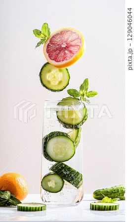 Refreshing cucumber-lemon infused water with vibrant citrus slices on a summer dining table 129046044