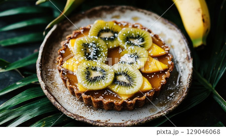 Tropical tart with mango and kiwi arranged in a flower pattern on a rustic plate in warm sunlight Tropical tart with mango and kiwi arranged in a flower pattern on a rustic plate in warm sunlight 129046068