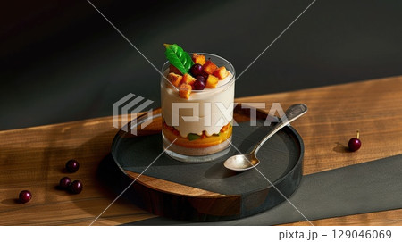Rustic glass vase filled with thick fermented cream and adorned with dark berries on wooden pedestal Rustic glass vase filled with thick fermented cream and adorned with dark berries on wooden pedestal 129046069