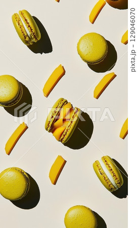 Floating coconut macaroons with vibrant mango filling create a sweet spectacle Floating coconut macaroons with vibrant mango filling create a sweet spectacle 129046070