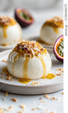 Super realistic coconut mousse dessert with passionfruit pulp and toasted coconut flakes Super realistic coconut mousse dessert with passionfruit pulp and toasted coconut flakes 129046075