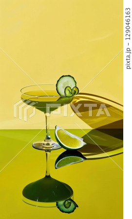 Crafted Pickle Margarita served in an elegant glass on a reflective surface with modern aesthetic Crafted Pickle Margarita served in an elegant glass on a reflective surface with modern aesthetic 129046163