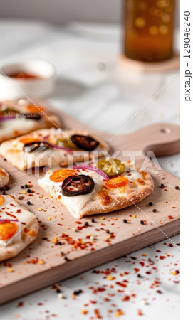 Mini-pizzas with pickled toppings on a wooden cutting board create a delicious visual feast 129046240