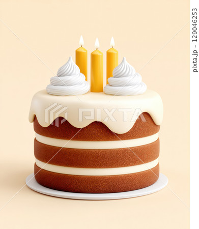Delicious layered birthday cake with white icing and three yellow candles on top, perfect for celebrations 129046253