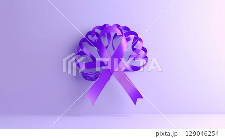 Purple awareness ribbon forming brain shape on light background, symbolizing support and solidarity Purple awareness ribbon forming brain shape on light background, symbolizing support and solidarity 129046254