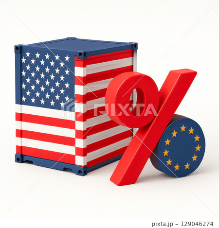 Tariffs imposed by the U.S. on international goods create tension in trade relations with Europe, affecting prices, exports, and global economy. Negotiations continue amid rising inflation Tariffs imposed by the U.S. on international goods create tension in trade relations with Europe, affecting prices, exports, and global economy. Negotiations continue amid rising inflation 129046274