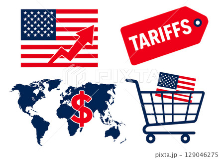 U.S. tariffs on international goods represented through symbols such as flags, shopping carts, and a global map reflecting economic impact, trade conflicts, and ongoing negotiations U.S. tariffs on international goods represented through symbols such as flags, shopping carts, and a global map reflecting economic impact, trade conflicts, and ongoing negotiations 129046275
