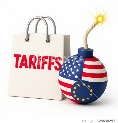 This graphic illustrates the concept of tariffs affecting international trade, featuring a symbol of conflict between the U.S. and Europe in 2025. The artwork represents economic tensions This graphic illustrates the concept of tariffs affecting international trade, featuring a symbol of conflict between the U.S. and Europe in 2025. The artwork represents economic tensions 129046297