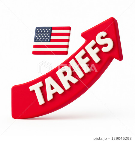 An upward arrow prominently displays the word tariffs alongside the U.S. flag, symbolizing rising import duties and their effects on global trade and economy 129046298