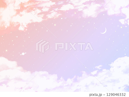 雲が美しい夕焼け空にうかぶ月と土星の背景ベクターイラスト A4サイズ横 雲が美しい夕焼け空にうかぶ月と土星の背景ベクターイラスト A4サイズ横 129046332
