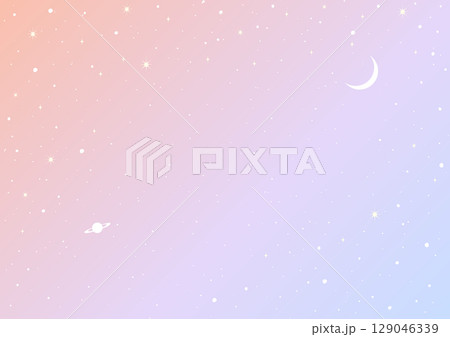 ピンクと紫のグラデーションの星空にうかぶ月と土星の背景ベクターイラスト　A4サイズ横 129046339