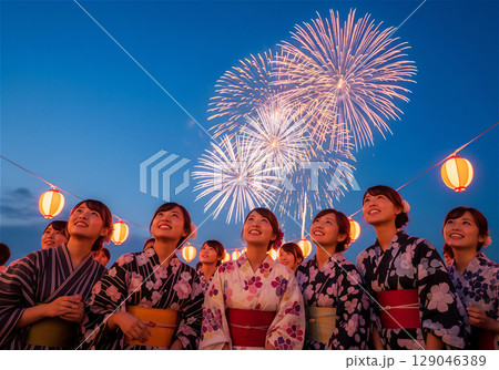 夏の夜を彩る花火大会と夏祭り、浴衣姿の人々の賑わい 129046389