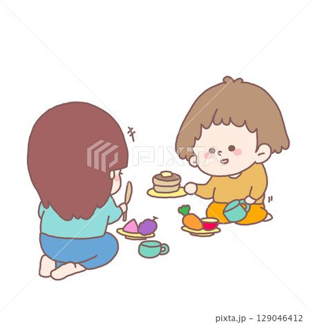 2人の子どもが向かい合っておもちゃのおままごとをしているイラスト 129046412
