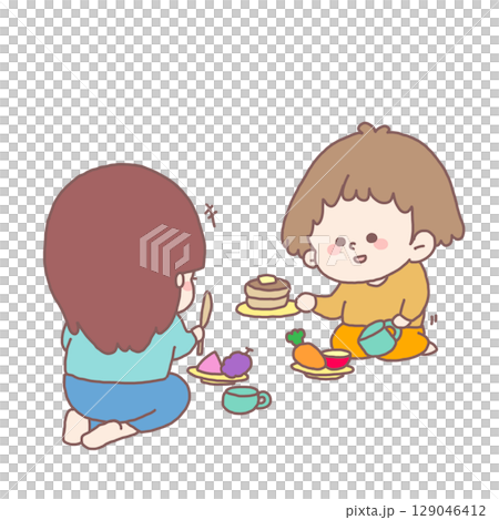 An illustration of two children facing each other and playing house with toys 129046412
