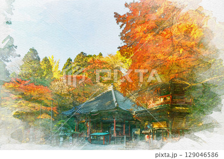 紅葉　水彩画風　水澤観音 129046586