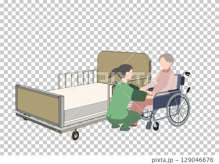 一位老年婦女坐在輪椅上，身後有一位護理人員和一張護理床 129046676