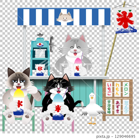A cat shaved ice vendor and a cat eating shaved ice 129046695