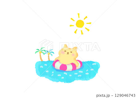 浮き輪に入って海に浮かぶかわいい猫 水彩イラスト素材 浮き輪に入って海に浮かぶかわいい猫 水彩イラスト素材 129046743