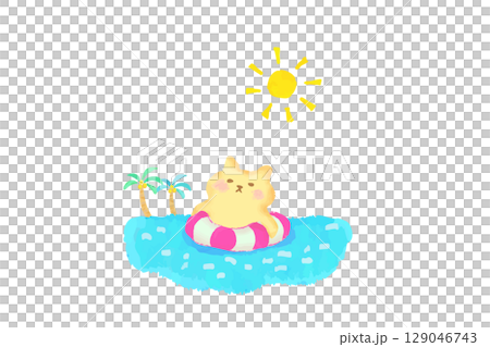 A cute cat floating in the sea in a swim ring. Watercolor illustration 129046743