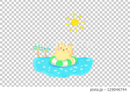 A cute cat floating in the sea in a swim ring. Watercolor illustration 129046744