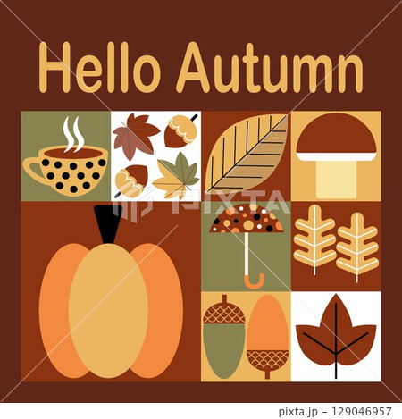 Autumn simple posters in Bauhaus style. Geometric abstract autumn flyer template with scandinavian mosaic. Banners with autumn elements. Autumn poster design. 129046957