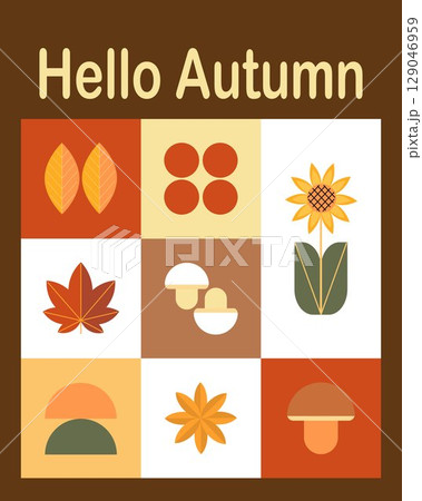 Autumn simple posters in Bauhaus style. Geometric abstract autumn flyer template with scandinavian mosaic. Banners with autumn elements. Autumn poster design. 129046959