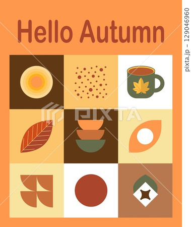 Autumn simple posters in Bauhaus style. Geometric abstract autumn flyer template with scandinavian mosaic. Banners with autumn elements. Autumn poster design. Autumn simple posters in Bauhaus style. Geometric abstract autumn flyer template with scandinavian mosaic. Banners with autumn elements. Autumn poster design. 129046960