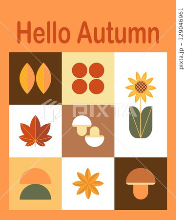 Autumn simple posters in Bauhaus style. Geometric abstract autumn flyer template with scandinavian mosaic. Banners with autumn elements. Autumn poster design. 129046961